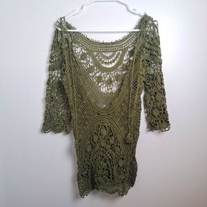 Unbranded Green Crochet Stretchy Boho‎ Fairygrunge Half Sleeve Beachy Shirt Sz S